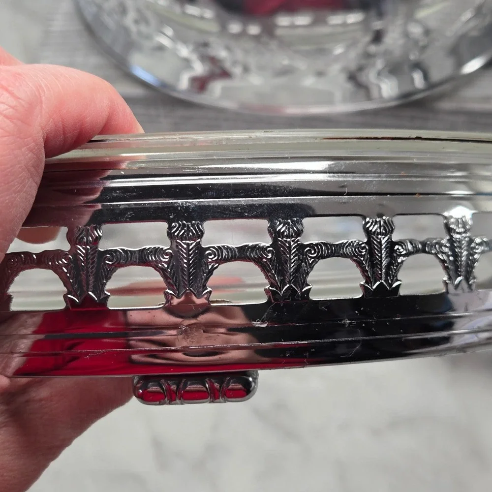Vintage Fire-King and Pyrex Casserole Set with Silver Plated Filigree Carriers